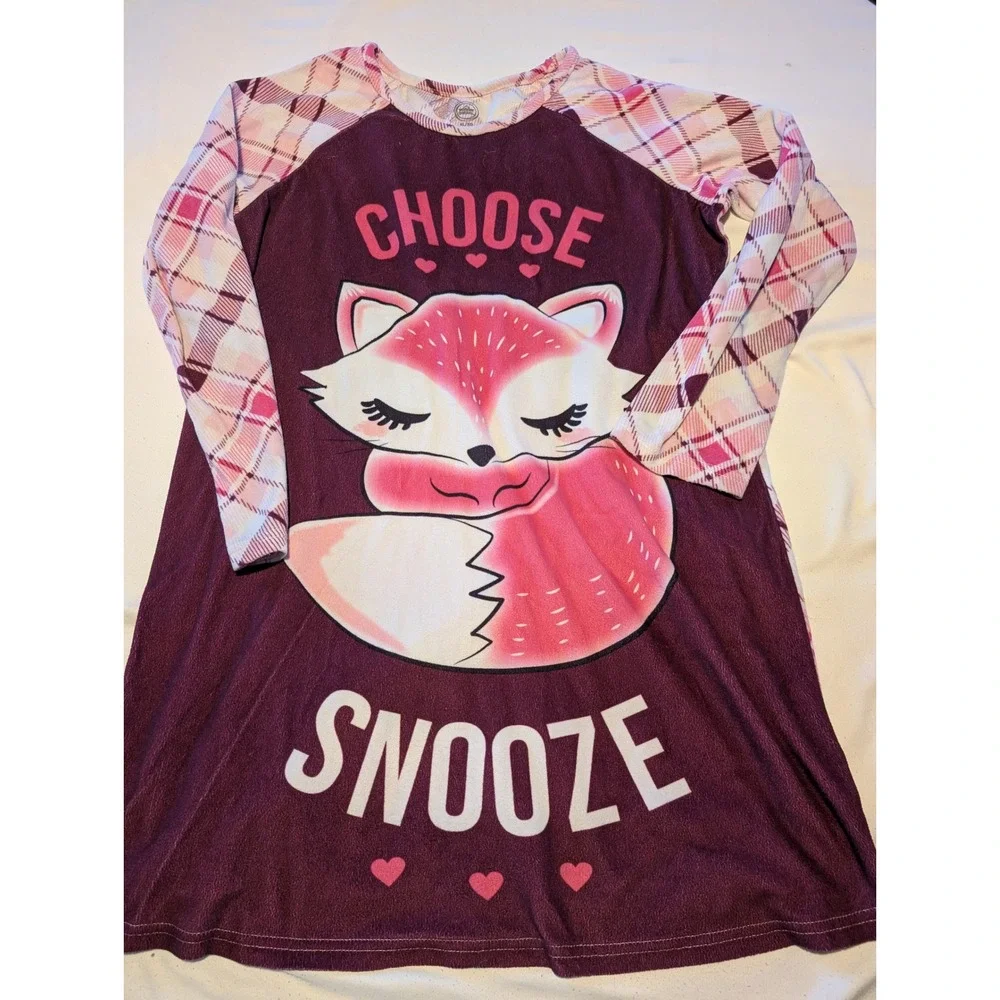 Wonder Nation Girls XL 14-16 Plus Fox Choose Snooze Fleece Nightgown Pink Plaid