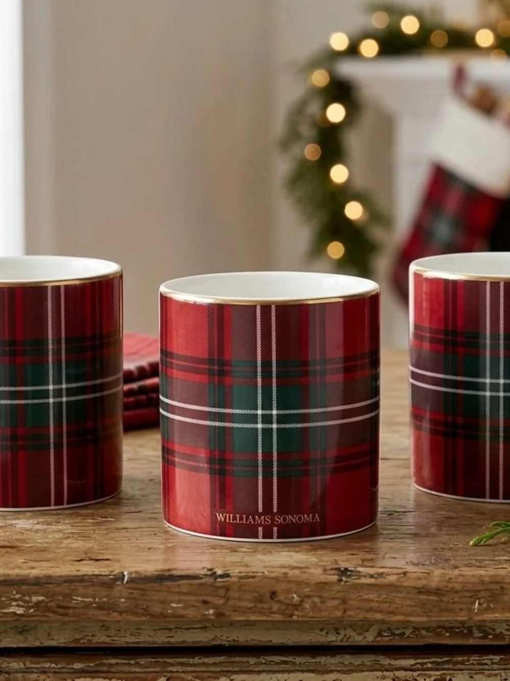 Lot Of 3 Williams Sonoma Red, Green and White Plaid Ceramic Mugs with Gold Rim
