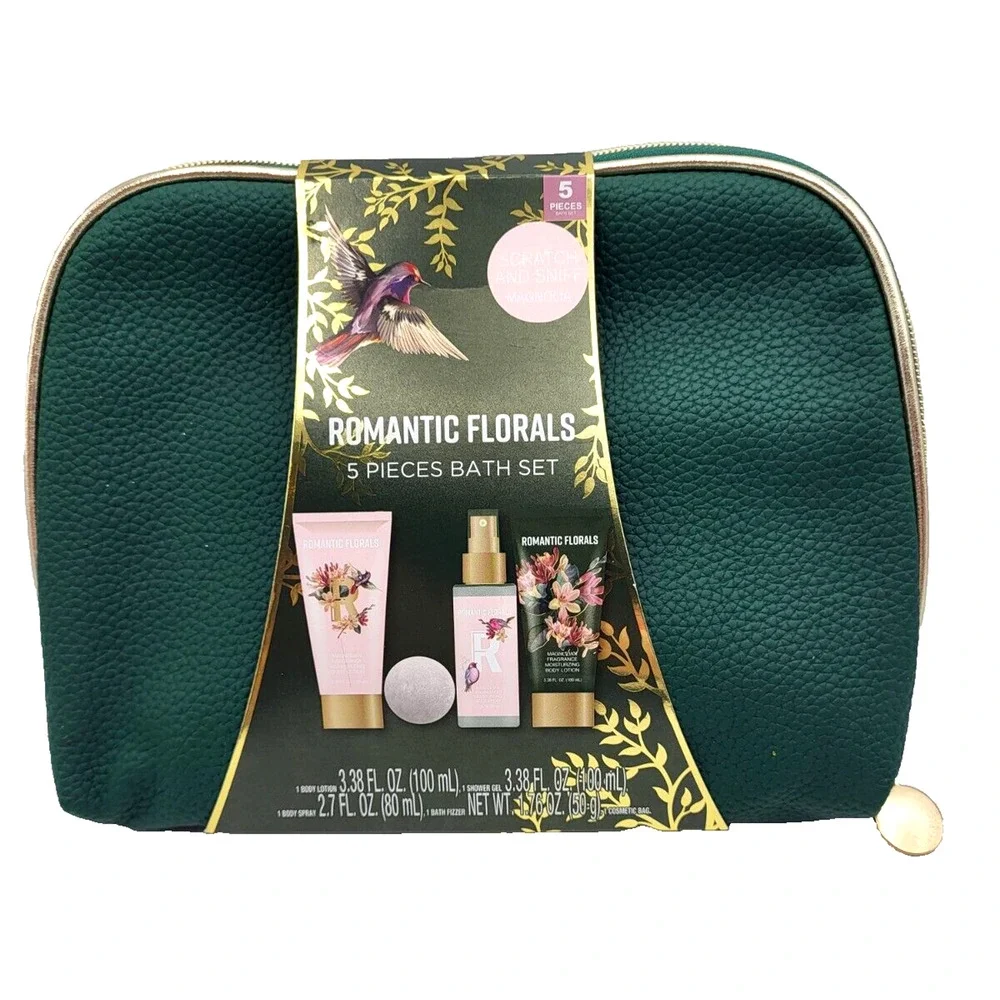 Romantic Florals 5 Piece Bath Set Lotion Shower Gel Body Spray in Green Bag YK
