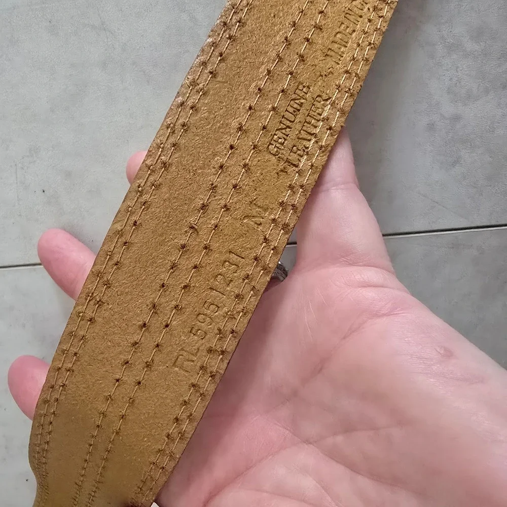 Vtg Y2K Tan Suede Genuine Leather Double Prong Belt Solid Brass Buckle XL 38in