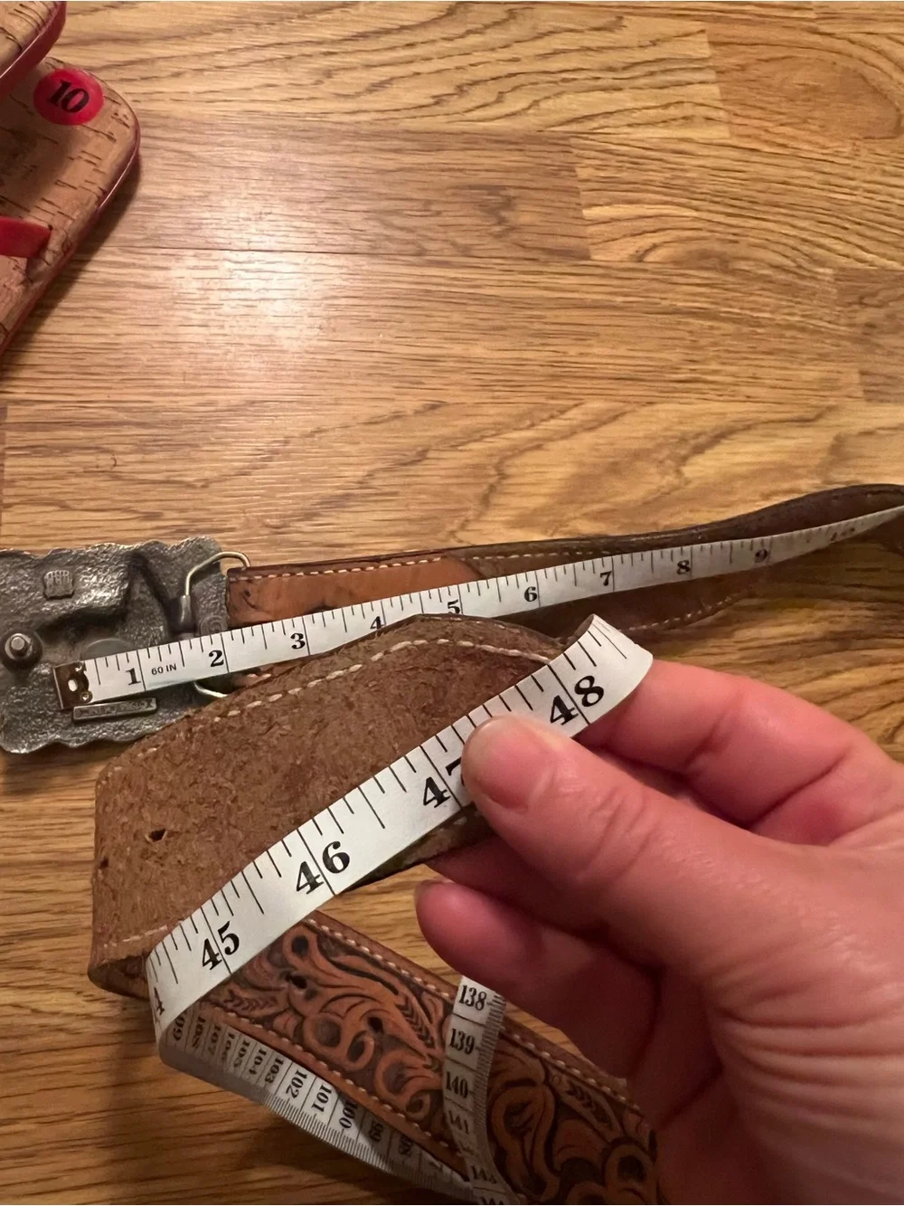 Vintage Unisex Brown Tooled Leather Western Belt with Decorative Buckle