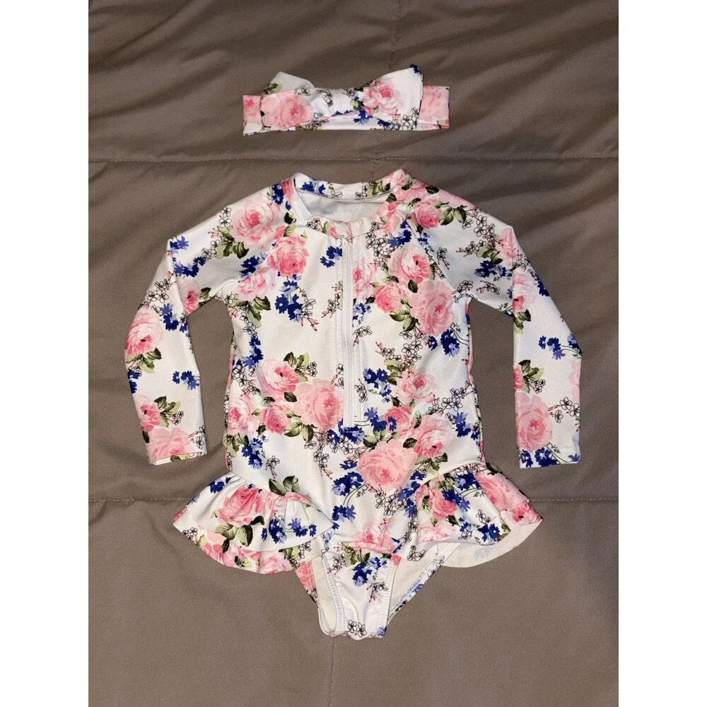 Baby Girl 12-18M Floral Long Sleeve Ruffle Swimsuit Rash Guard Headband Set
