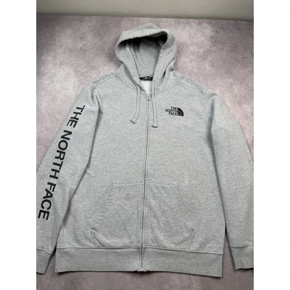 The North Face Mens XL Gray Full Zip Graphic Sleeve Logo Hoodie Sweatshirt Layer
