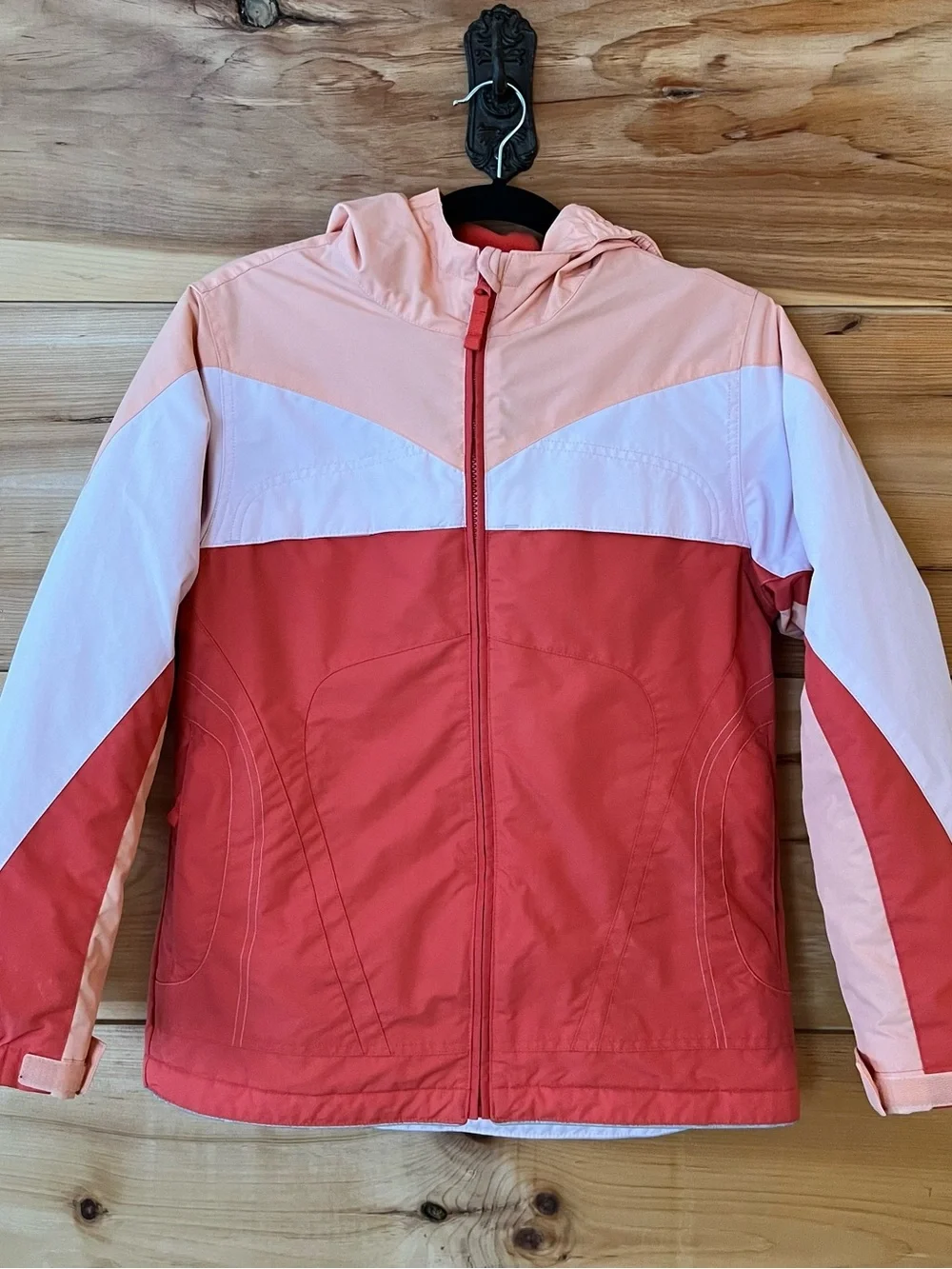 Lands' End Girls' Sz 14 Orange & White Colorblock Hooded Ski Jacket Winter Fun