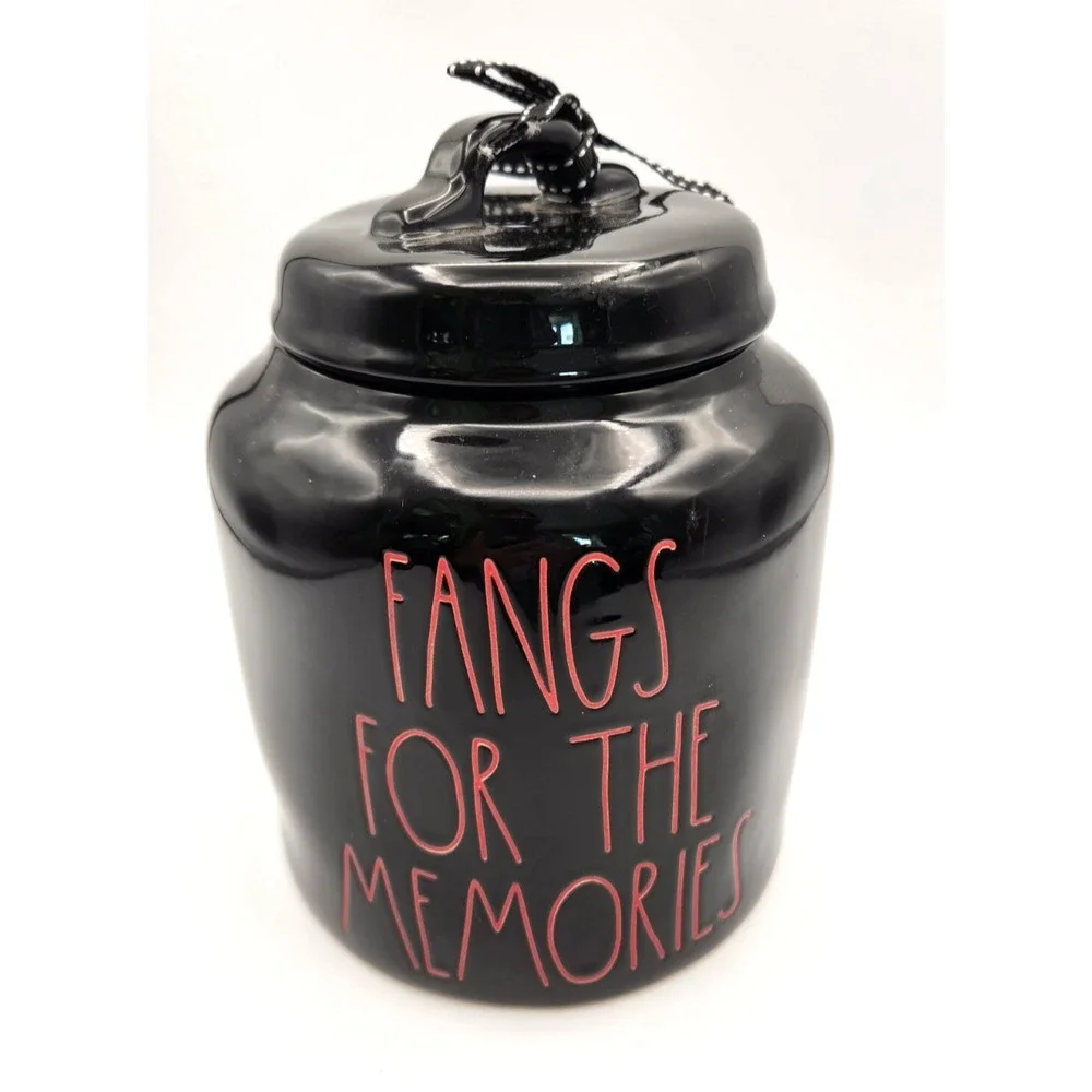 Rae Dunn FANGS FOR THE MEMORIES Chubby Ceramic Canister Halloween Black Orange