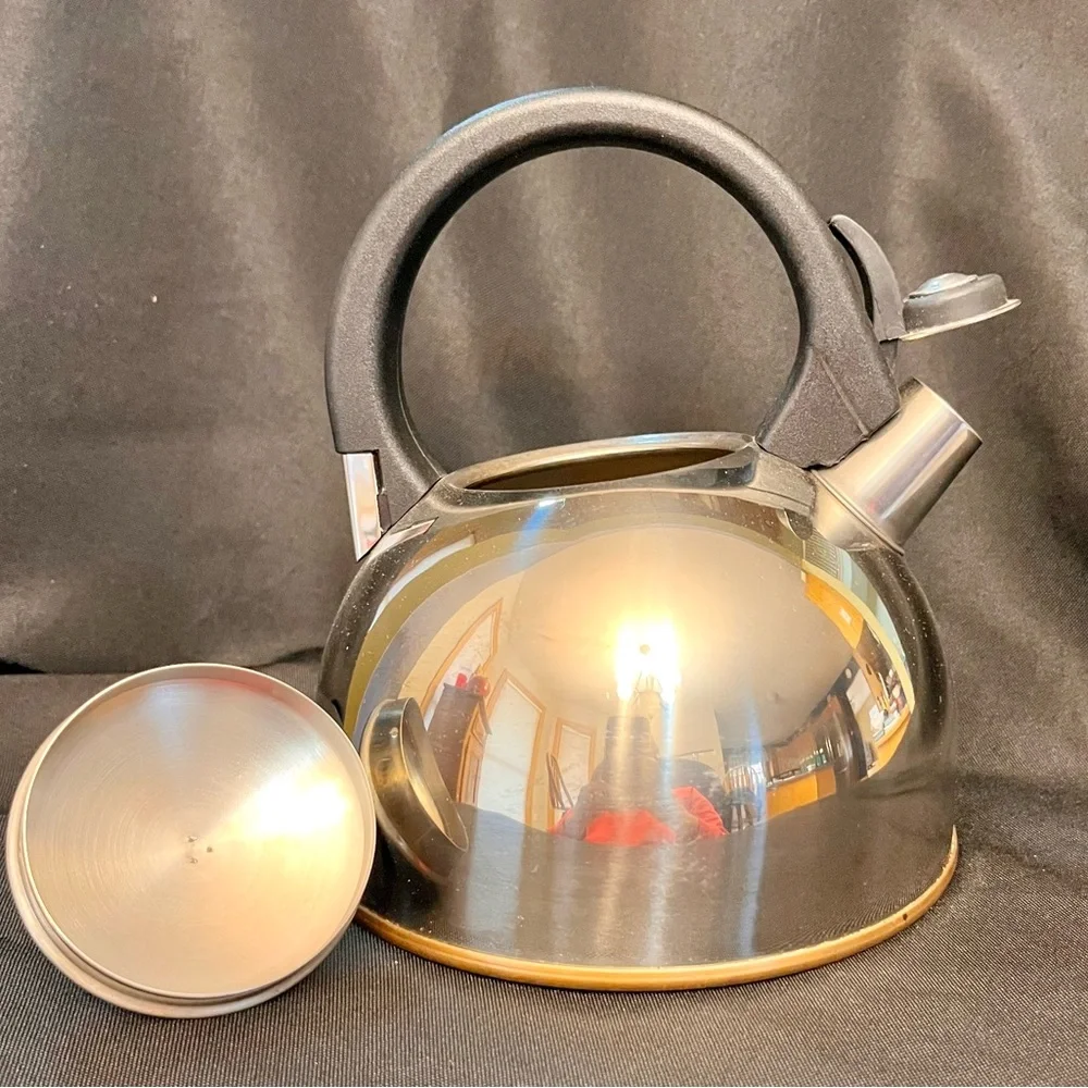 Vintage Copco 1213 Stainless Steel Copper Bottom Whistling Tea Kettle Small 6x7”