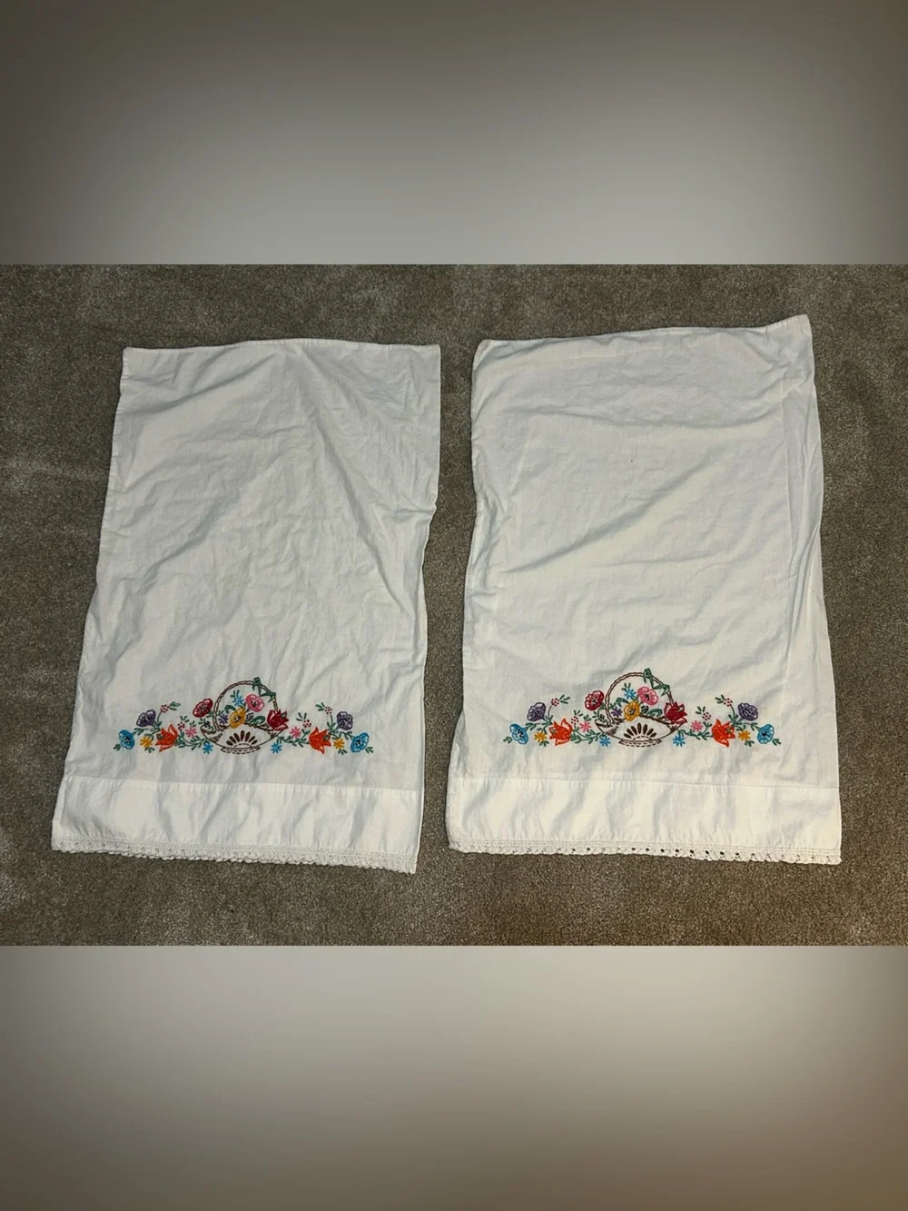 Vintage Embroidered Floral Pillowcases Set of 2 Crochet Lace Cottagecore