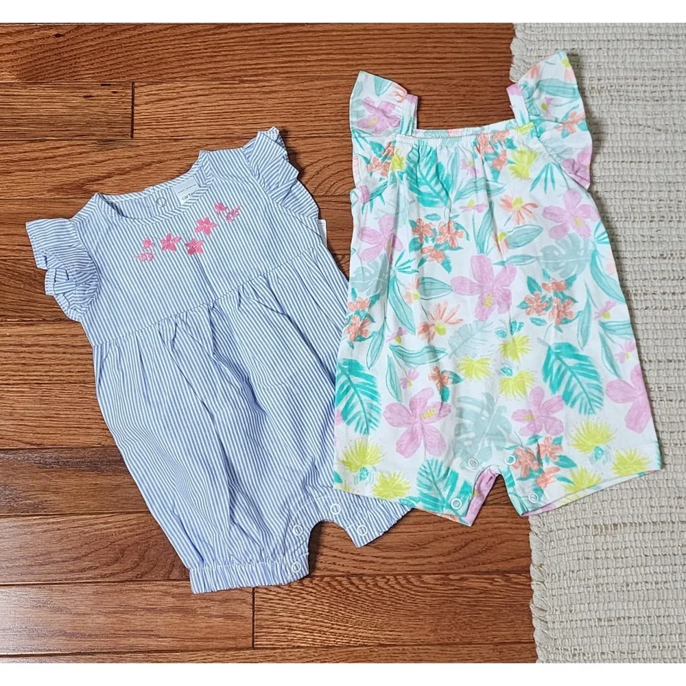 Carters One Piece Infant‎ Baby Girl Outfit Set 3 Mo Flowers Stripes Sleeveless