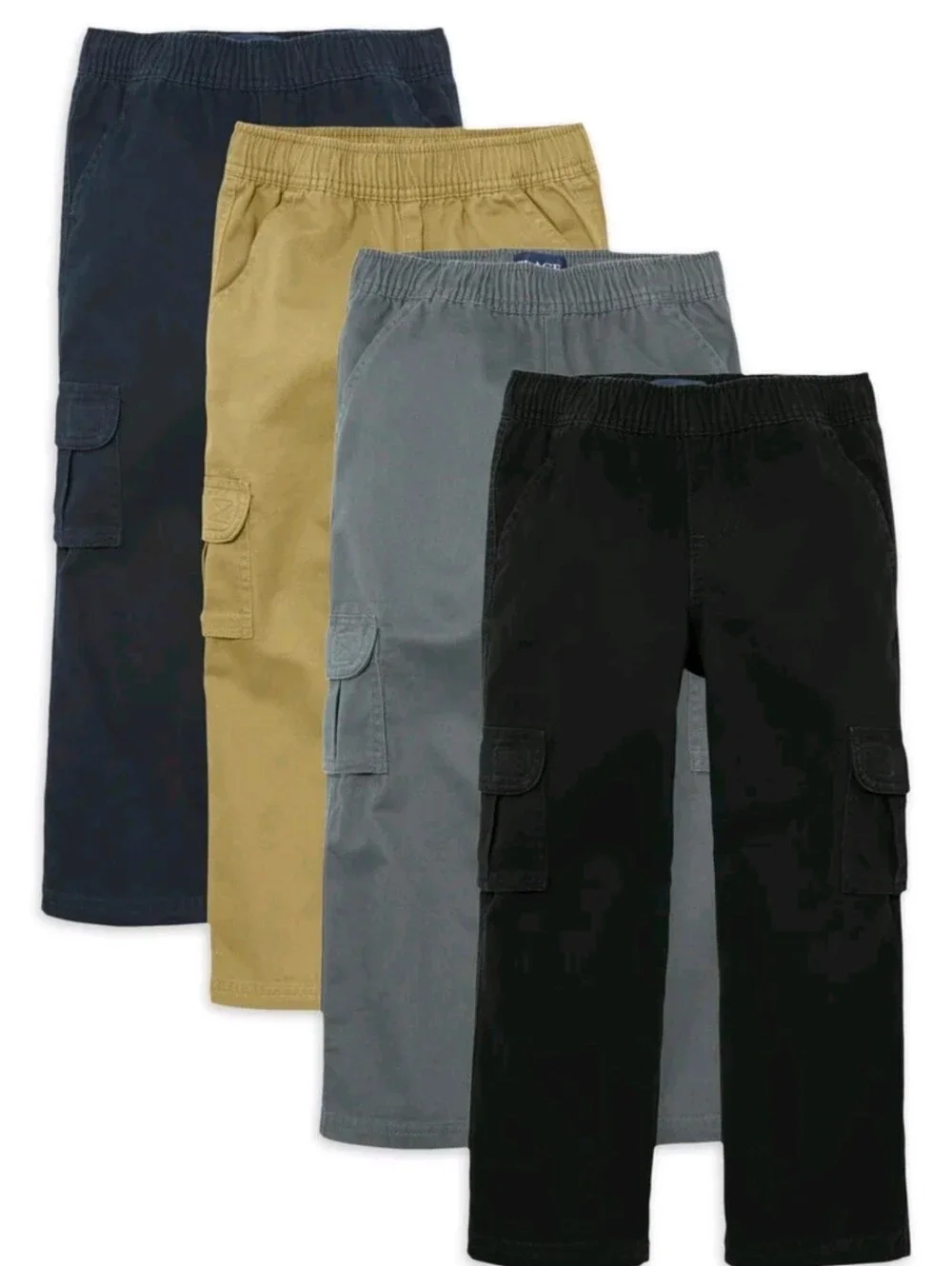 Boys Pull-On Cargo Pants - Black, Gray, Tan, Navy 4-Pack