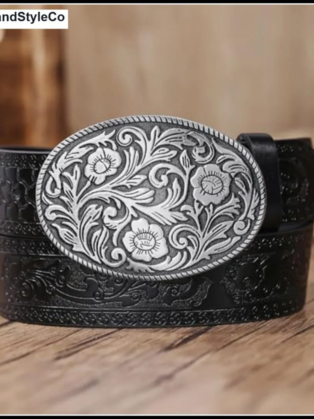 Western PU Leather Belt with Vintage Flower Buckle for Men & Women Cowboy