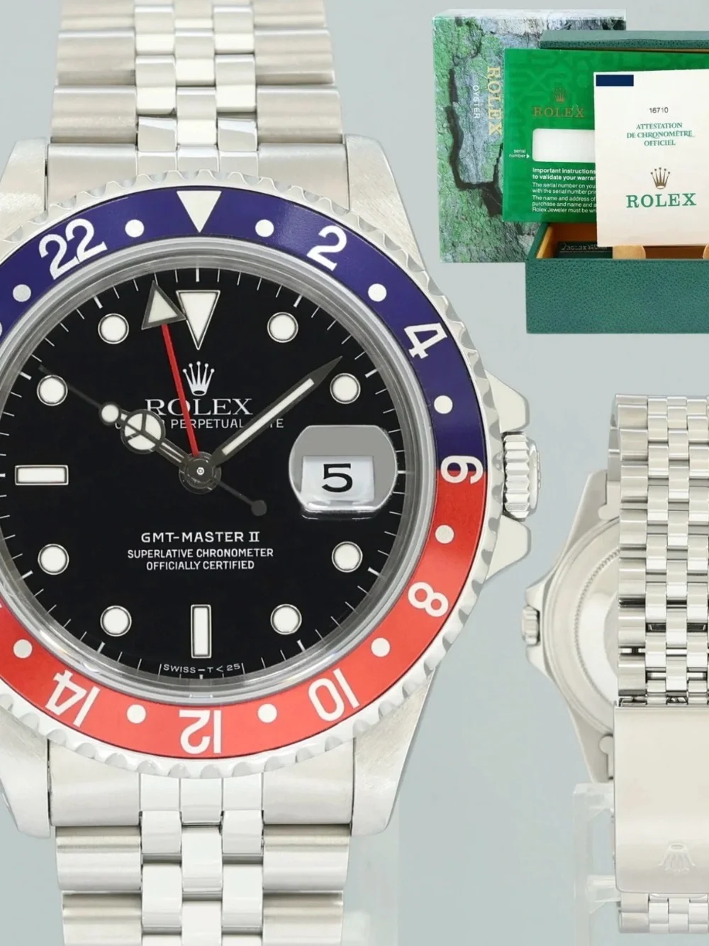 Rolex GMT-Master II Stainless Steel Watch with Black Dial and Blue-Red Bezel