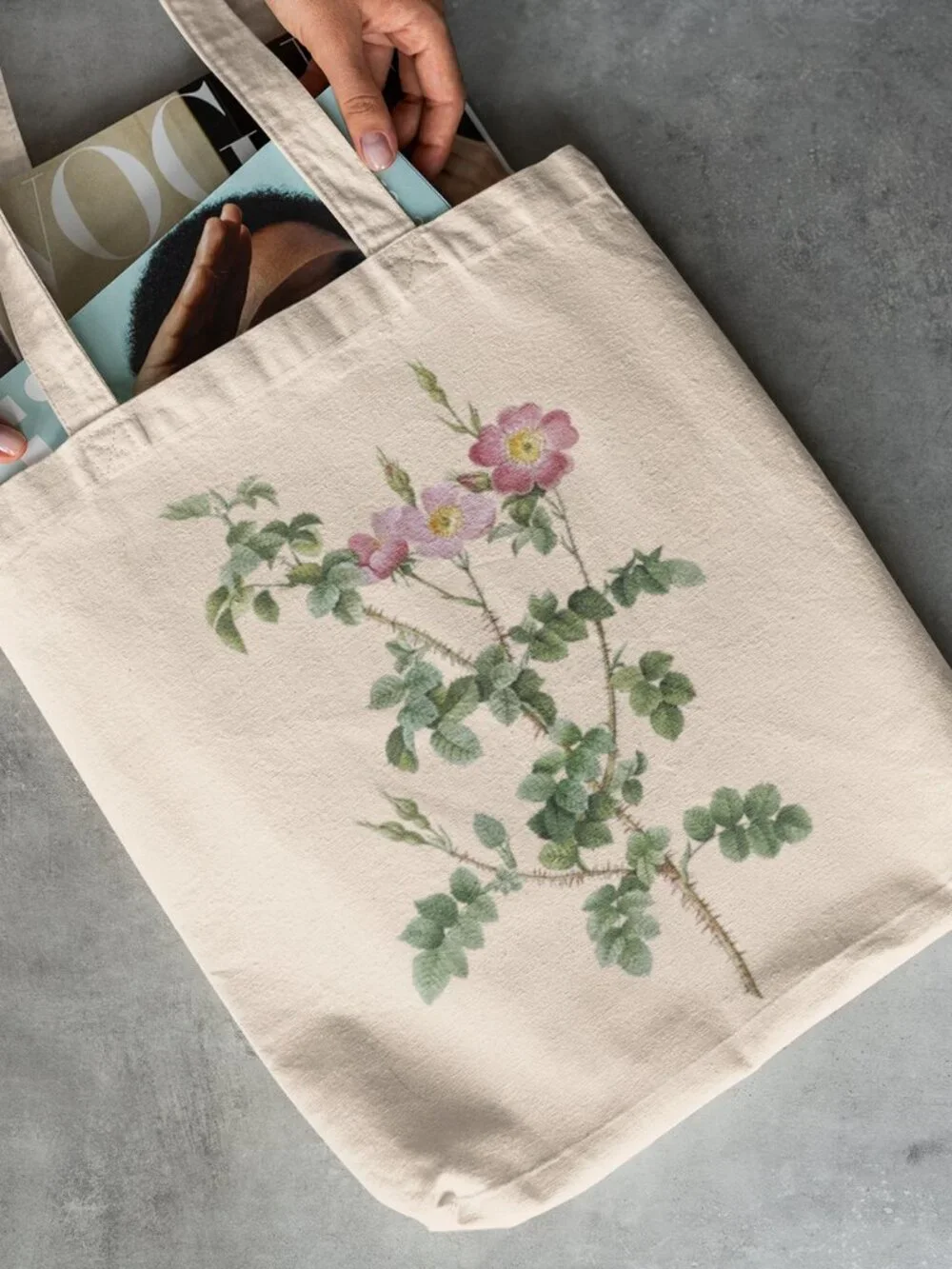 Sweet Briar Rose Vintage Floral Print Graphic Canvas Tote Bag