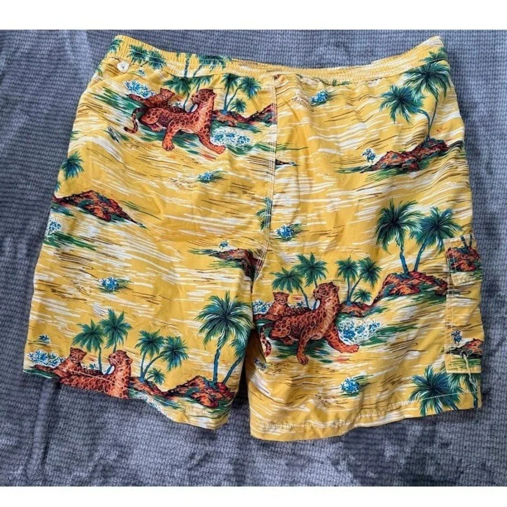 Polo Ralph Lauren Yellow Leopard Palm Tree Print Swim Trunks XXL Mens Cargo 40X8