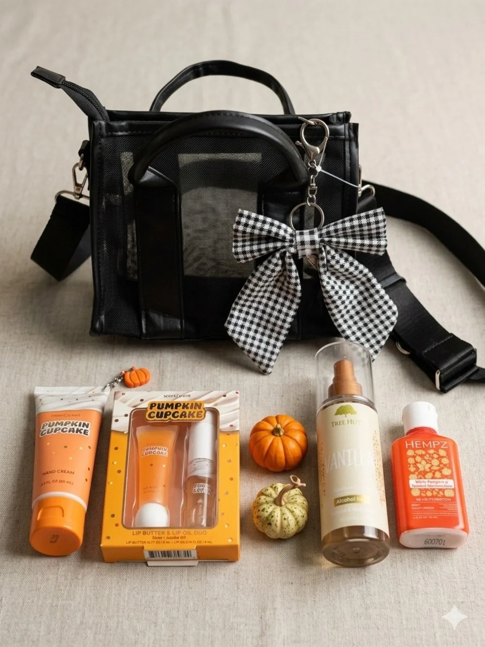 Hempz Pumpkin lotion & Lip Care Set with Black makeup Bag and bow bag charm