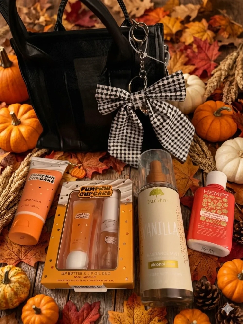 Hempz Pumpkin lotion & Lip Care Set with Black makeup Bag and bow bag charm