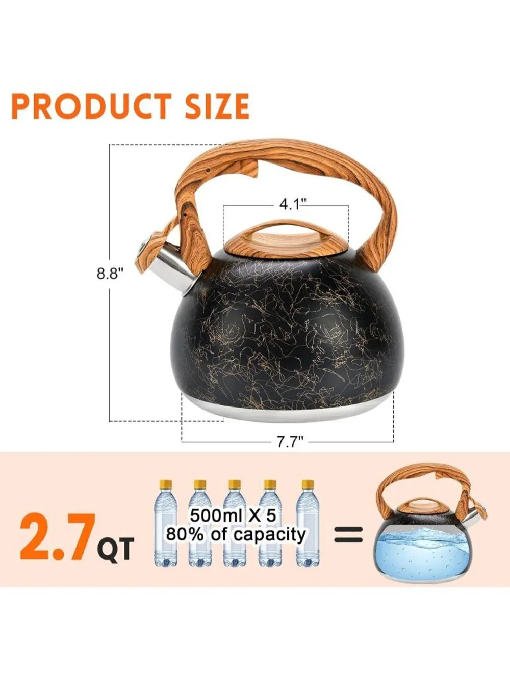 GGC 3.1QT Black Line Stainless Steel Whistling Tea Kettle For Kitchen Stove Top