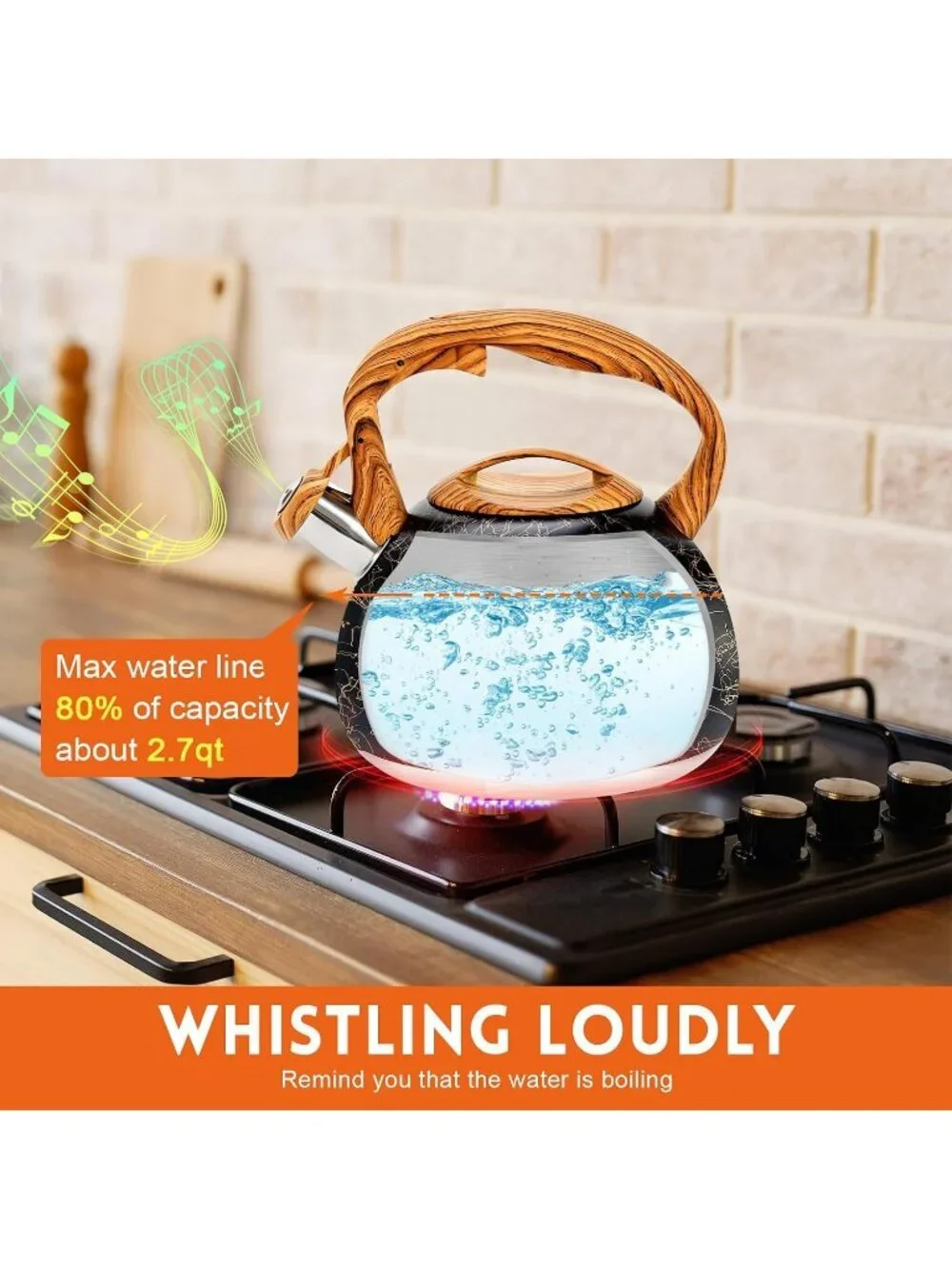 GGC 3.1QT Black Line Stainless Steel Whistling Tea Kettle For Kitchen Stove Top