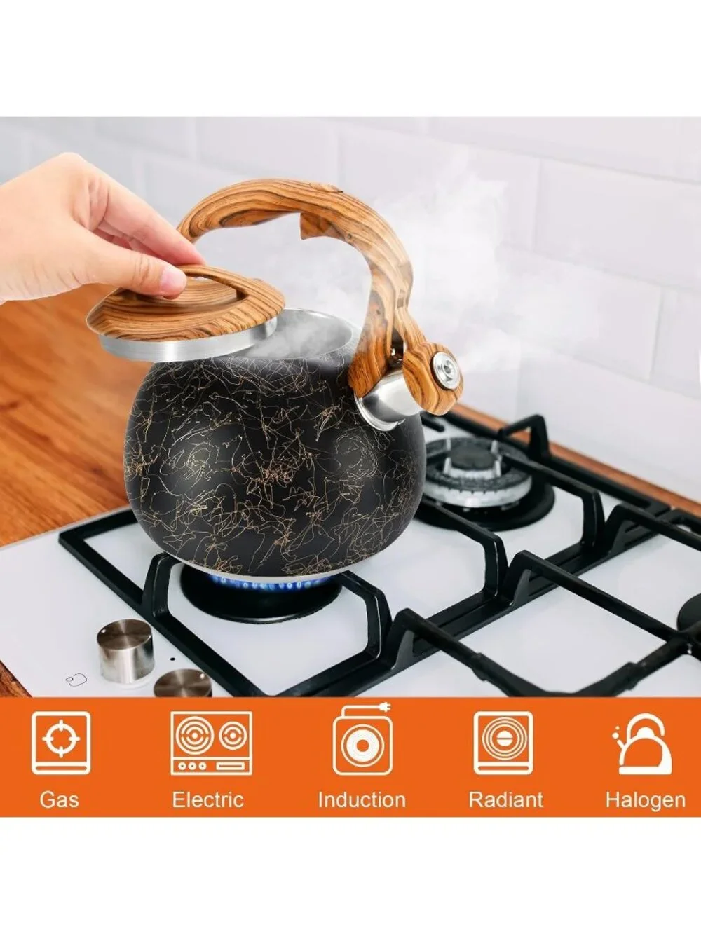 GGC 3.1QT Black Line Stainless Steel Whistling Tea Kettle For Kitchen Stove Top
