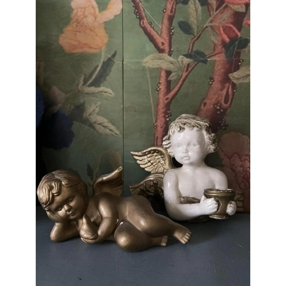 Vintage 90's Gold Painted Cherub Angel Figurines
