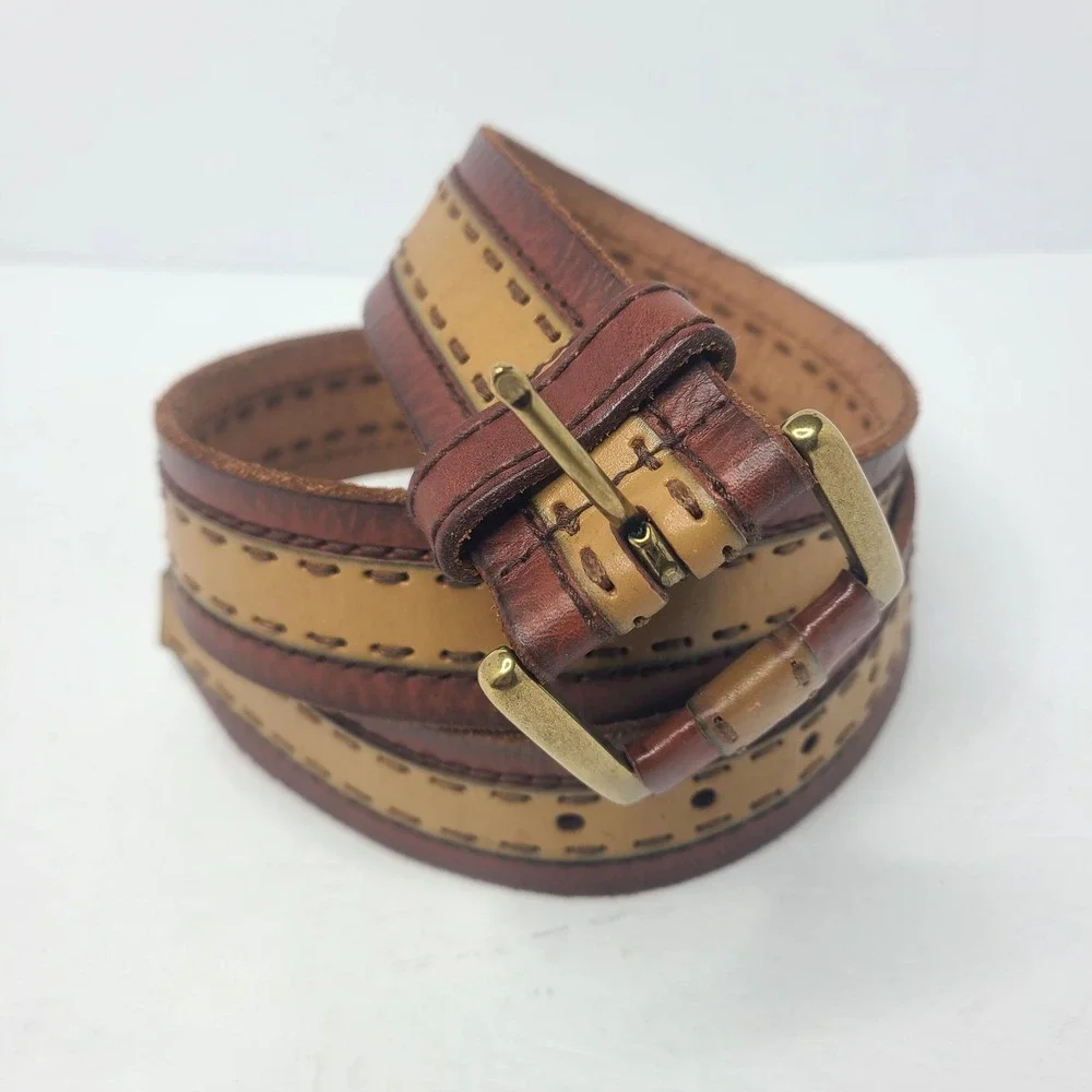 Vtg Lucky Brand Leather Belt‎ Brown Tan 36 Wide Bohemian Western Stitch Unisex