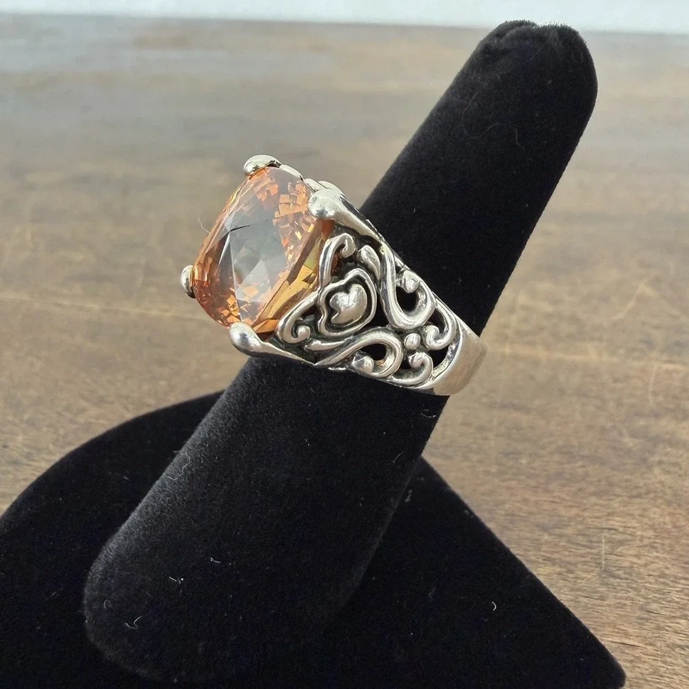 VTG Filigree Sterling Silver 925 Estate Ring Lg.  Peach Cushion Cut Ring Sz 5.75