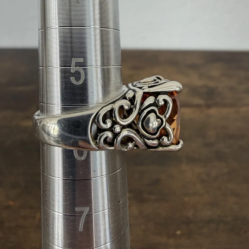 VTG Filigree Sterling Silver 925 Estate Ring Lg.  Peach Cushion Cut Ring Sz 5.75