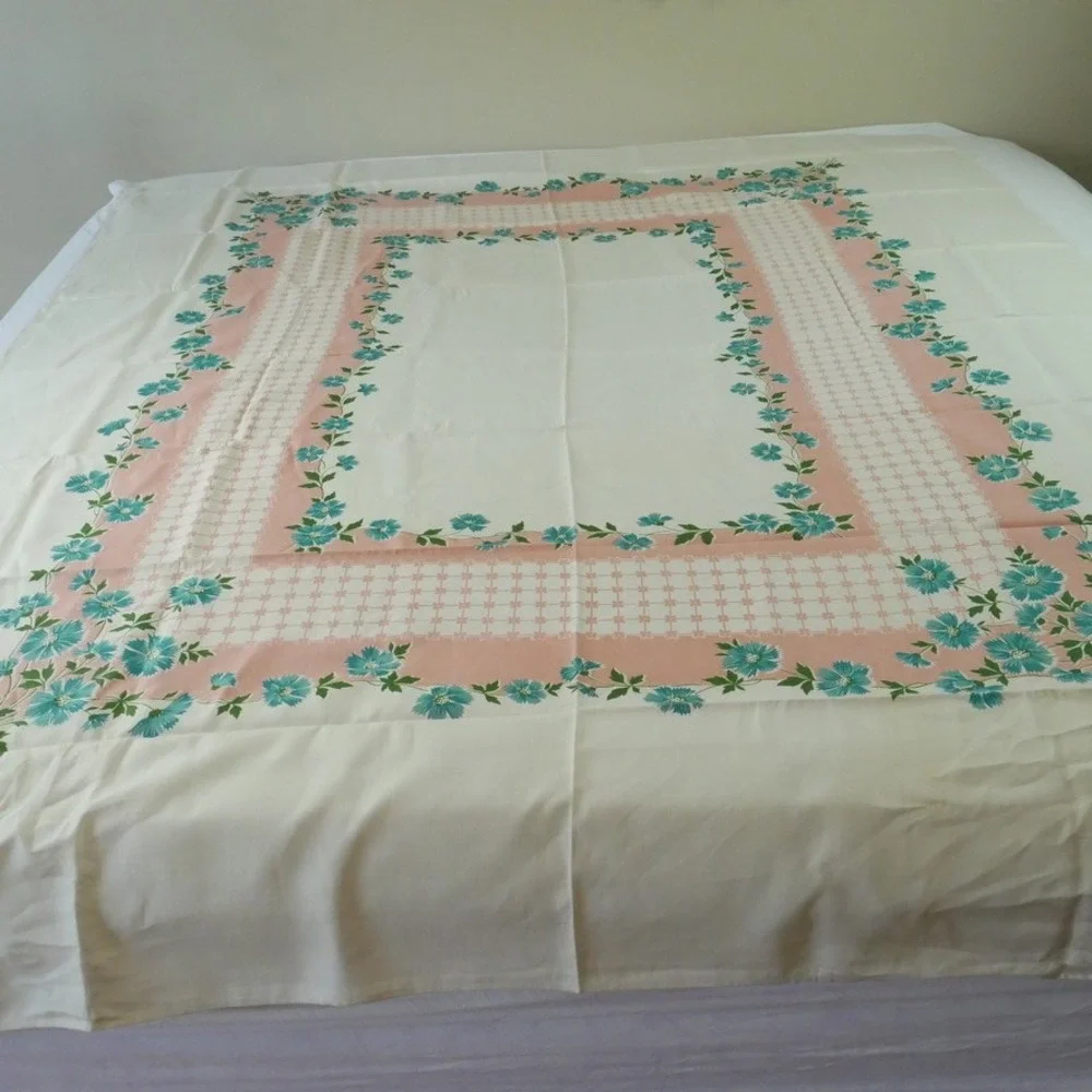 Vintage Maycraft Pure Linen Tablecloth Hand Printed Floral 65x85 Cottagecore