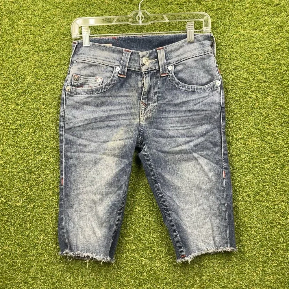True Religion Ricky Jean Shorts Mens 27 No Flap Raw Hem Distressed Dark Wash Y2K