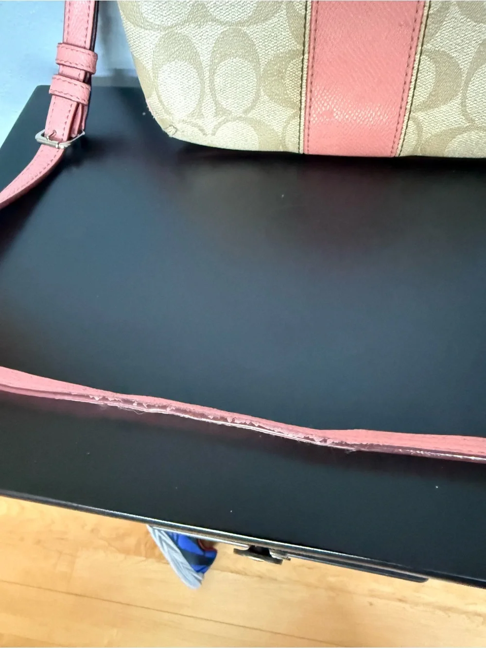 Coach Tan Signature Canvas Crossbody with Pink Trim