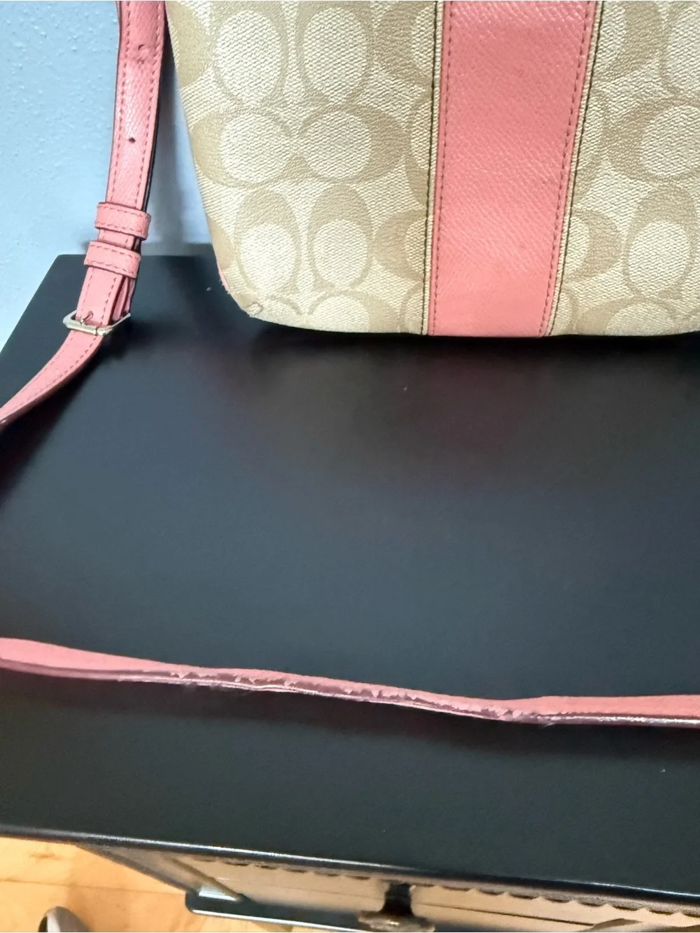 Coach Tan Signature Canvas Crossbody with Pink Trim
