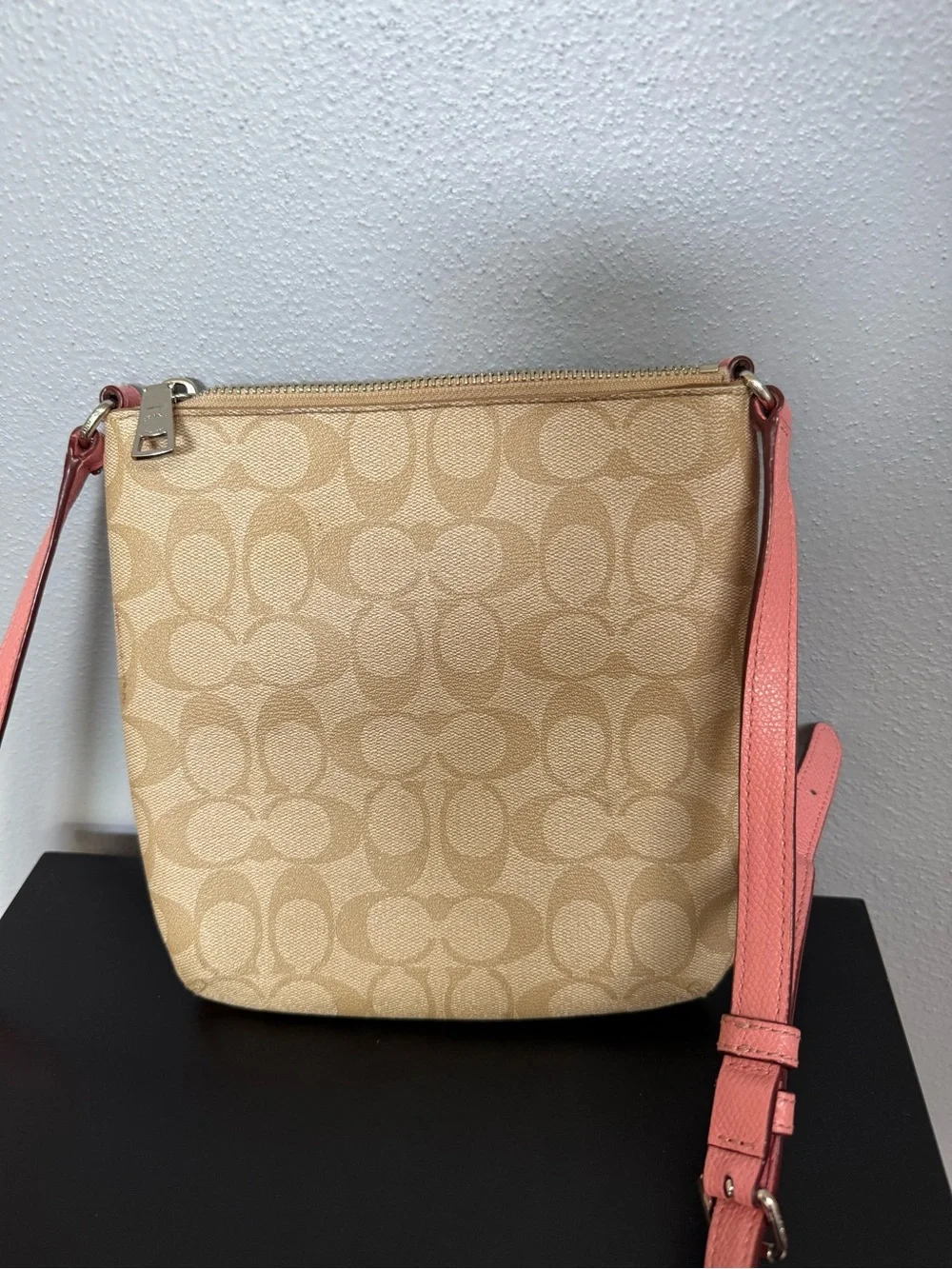 Coach Tan Signature Canvas Crossbody with Pink Trim