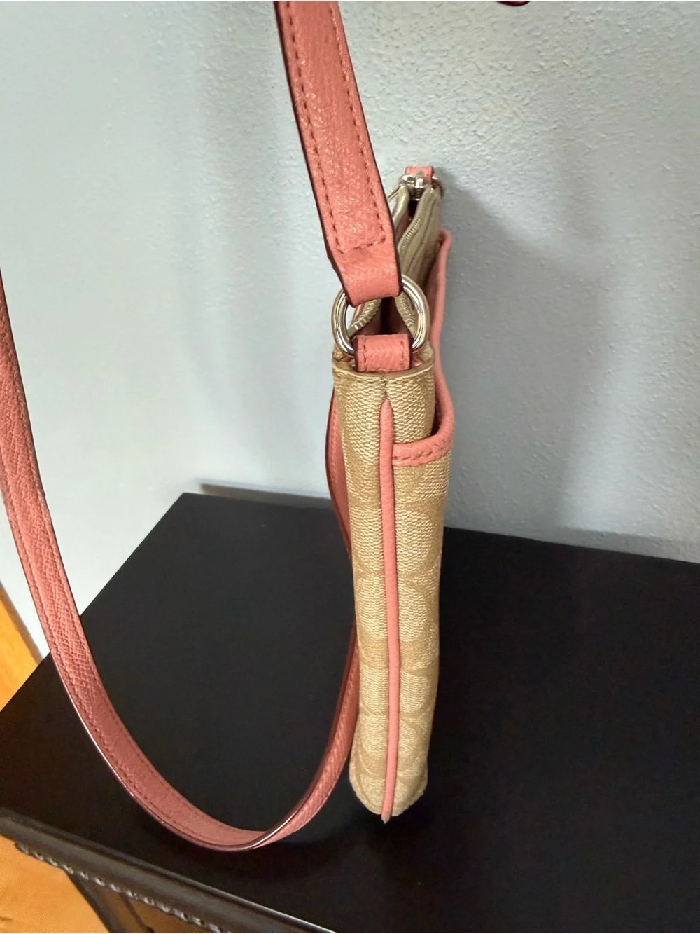 Coach Tan Signature Canvas Crossbody with Pink Trim