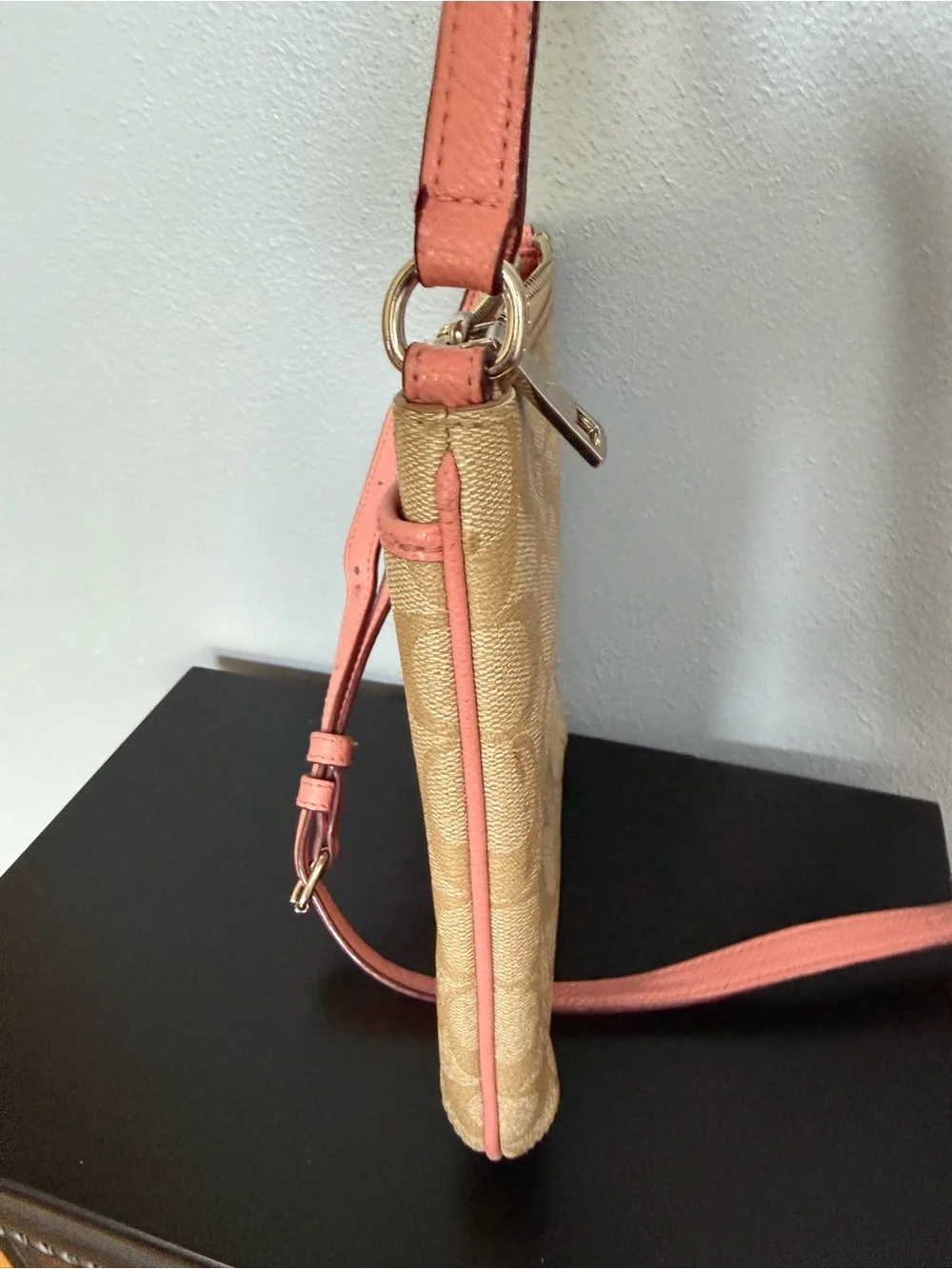 Coach Tan Signature Canvas Crossbody with Pink Trim