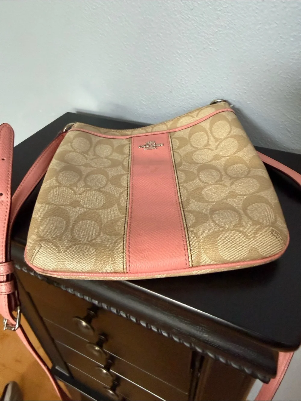 Coach Tan Signature Canvas Crossbody with Pink Trim