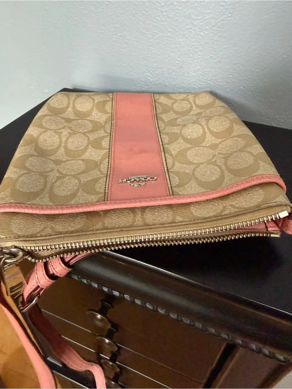 Coach Tan Signature Canvas Crossbody with Pink Trim