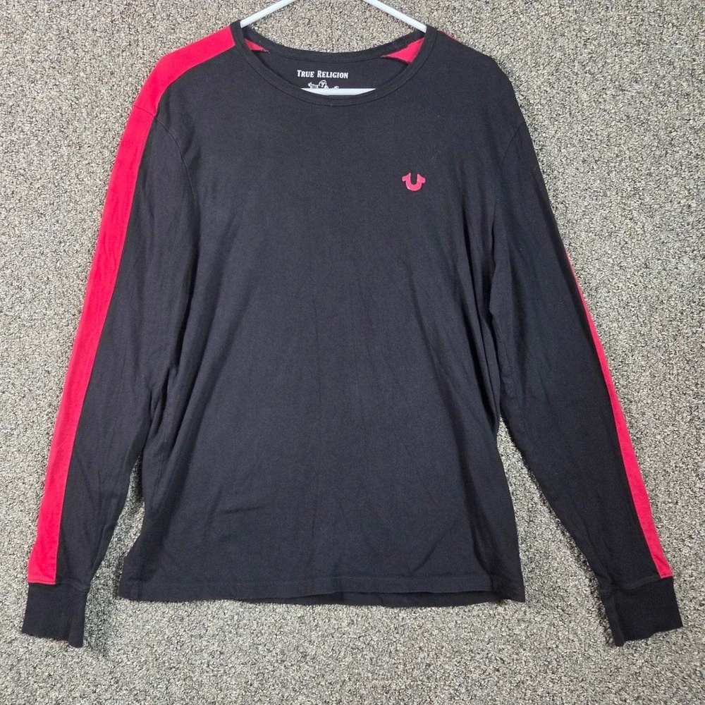 True Religion Long Sleeve‎ Tee Mens S Black Red Stripe Horseshoe Logo 104235