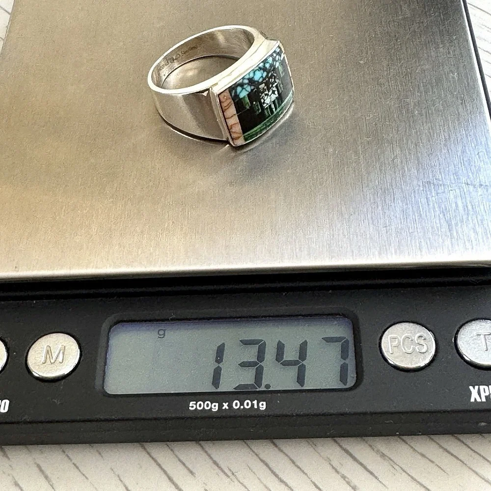 Navajo Mens Inlay Ring Turquoise Inlay Sz 12 Band 15mm Signed Tsosie Native Amer