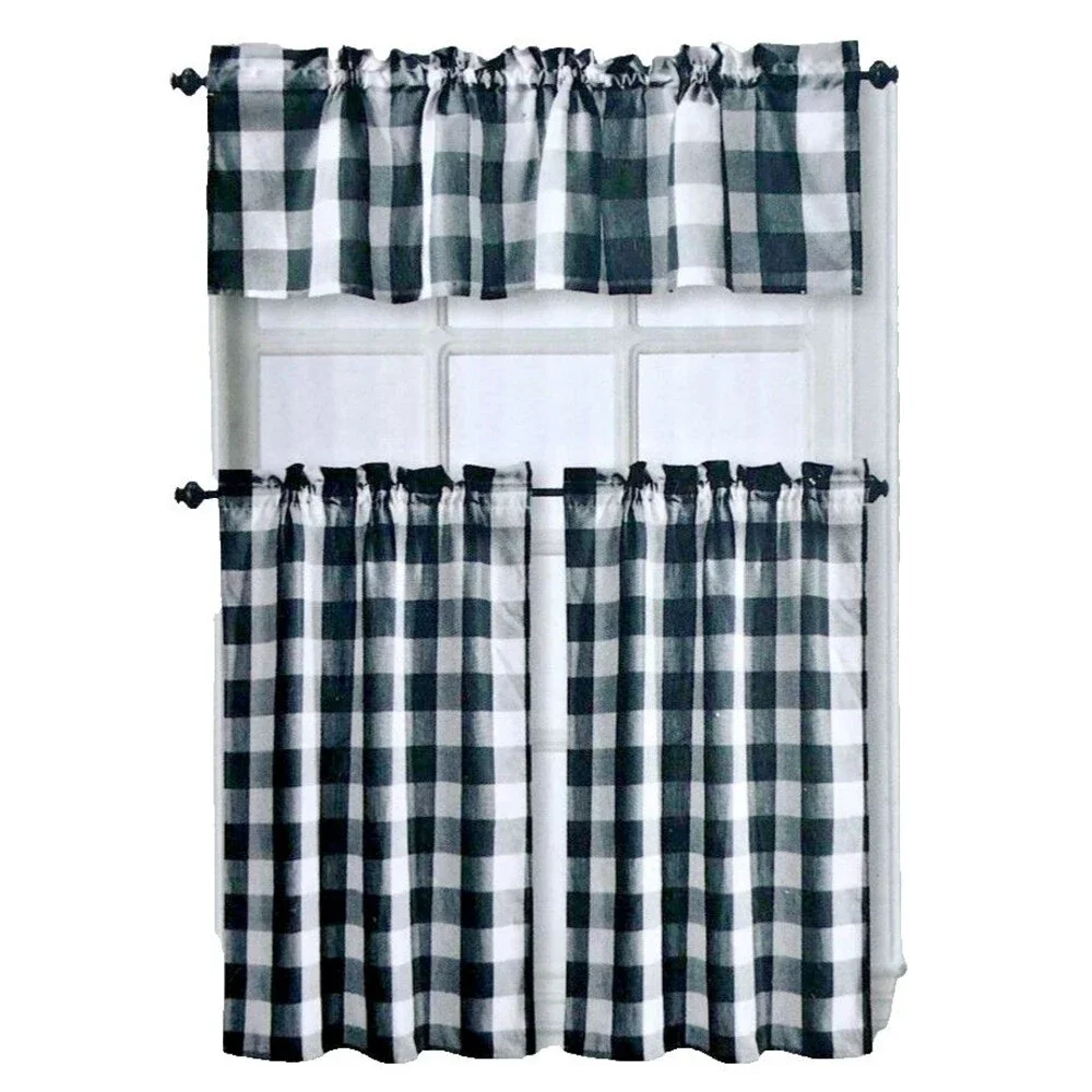 Willow Branch Buffalo Check Plaid Curtain Tier Valance Set Country Black White
