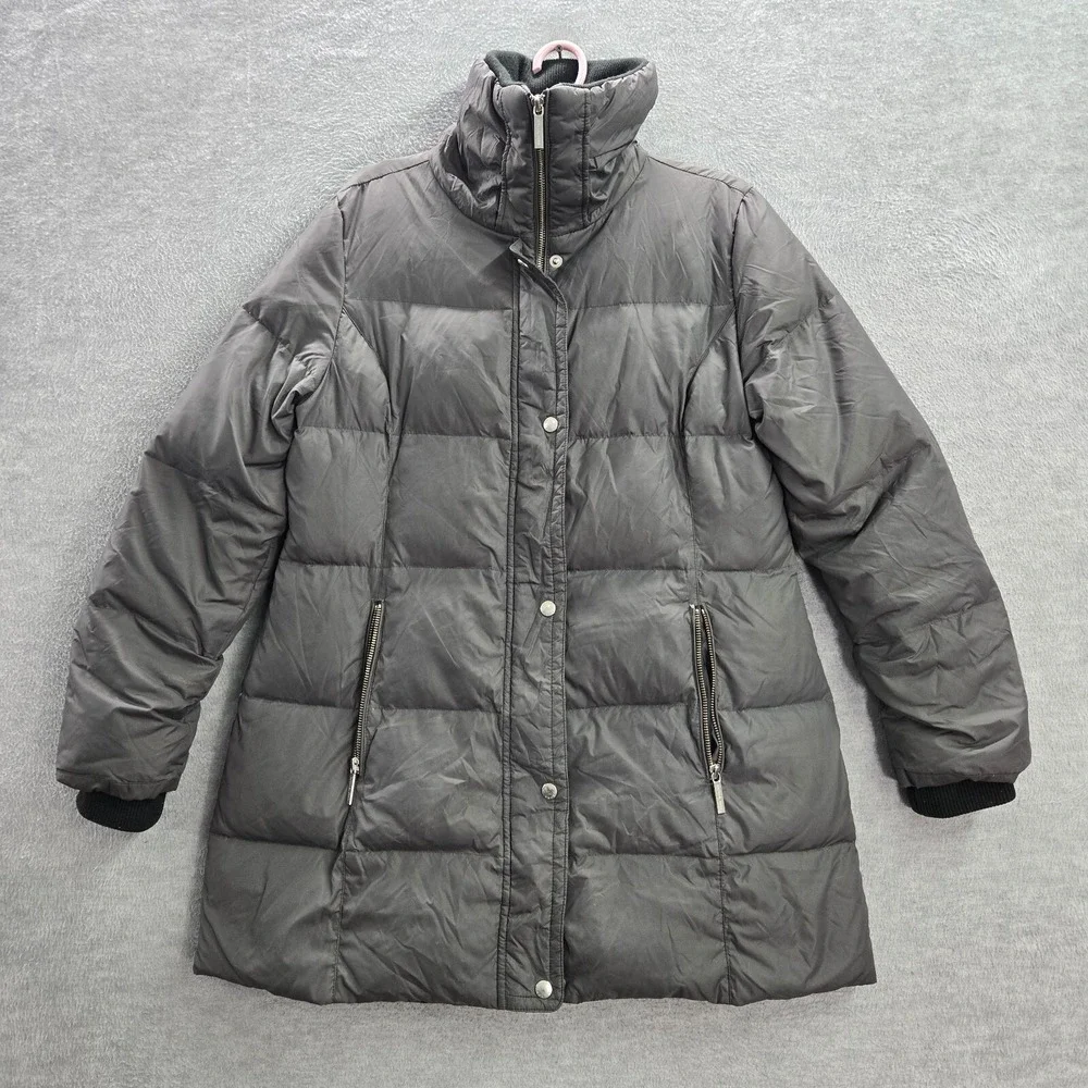 Michael Kors Women Jacket Medium Gray Down Puffer Full Zip Pocket Neck‎ Pockets