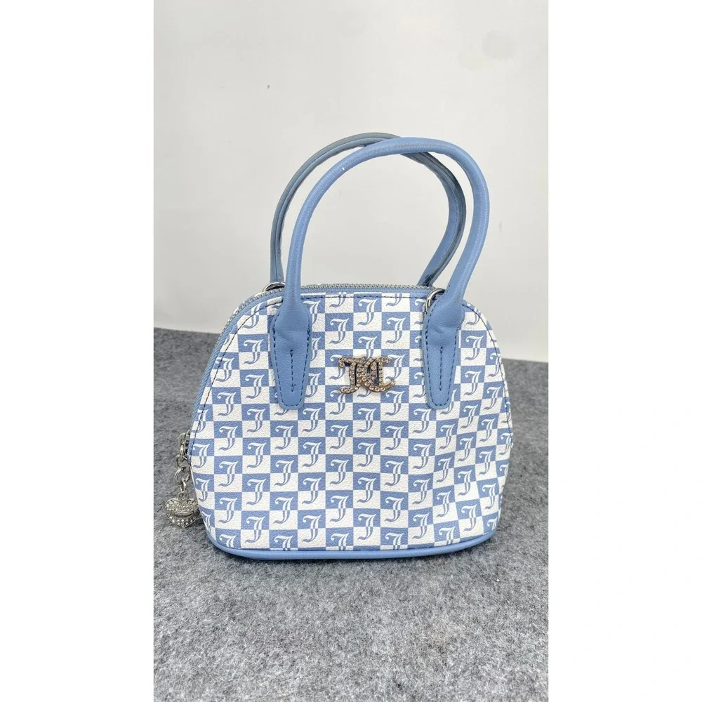 Juicy Couture Blue White Checkered Monogram Mini Dome Satchel Purse Rhinestone