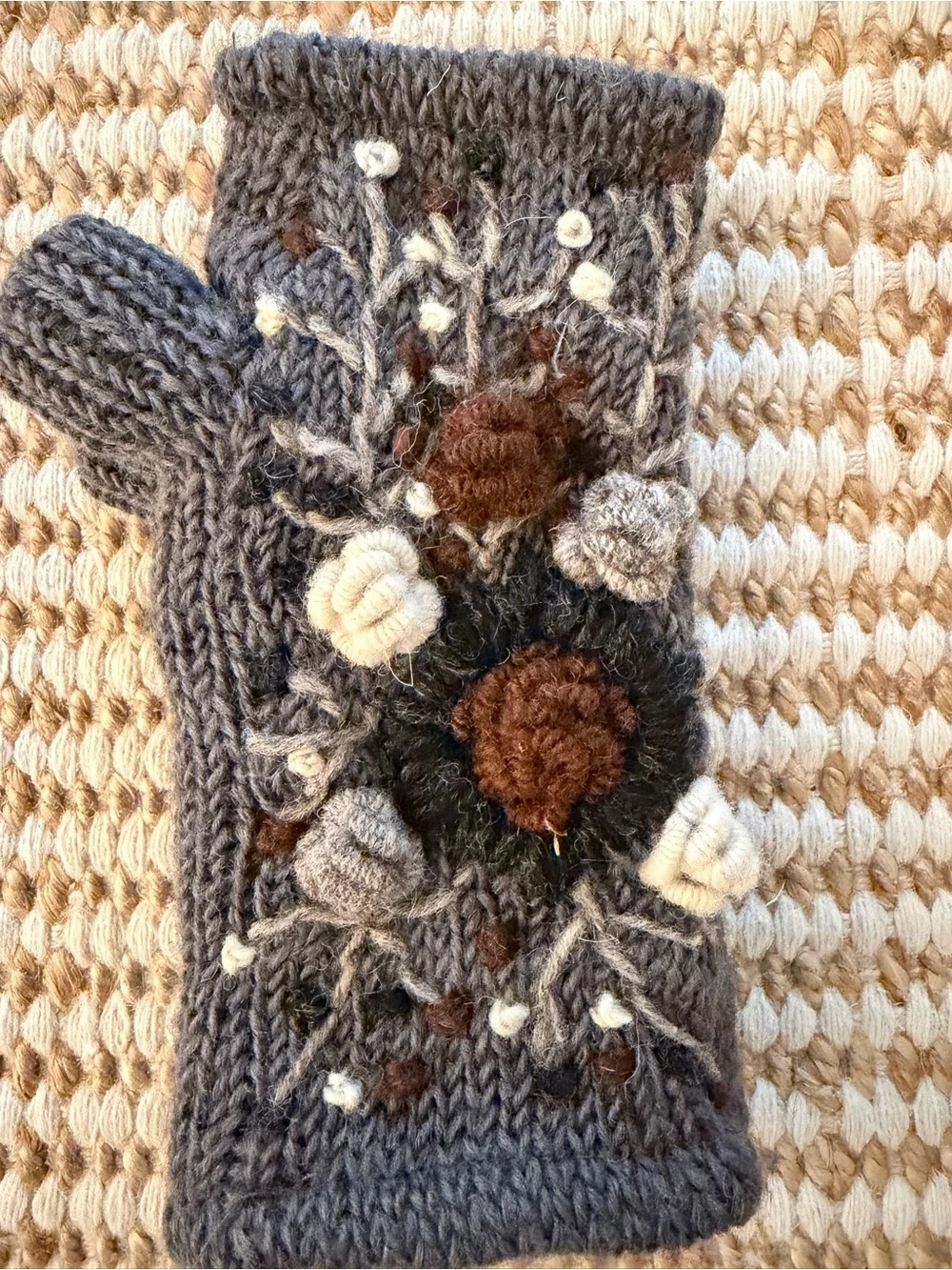 Windhorse 100% Wool Fingerless Lined Knit Gloves Embroidered Floral Gray OS