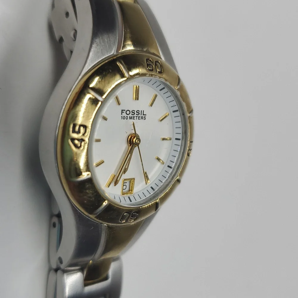 Vintage Fossil Blue AM3860 Two Tone Gold Silver Stainless Steel Watch