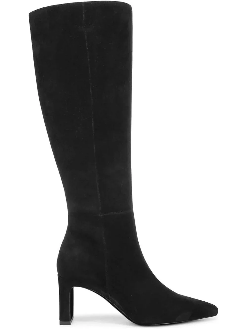 Women's Black Closed Pointed Toe Chunky Heel Side Zipper Dress Knee High Boots