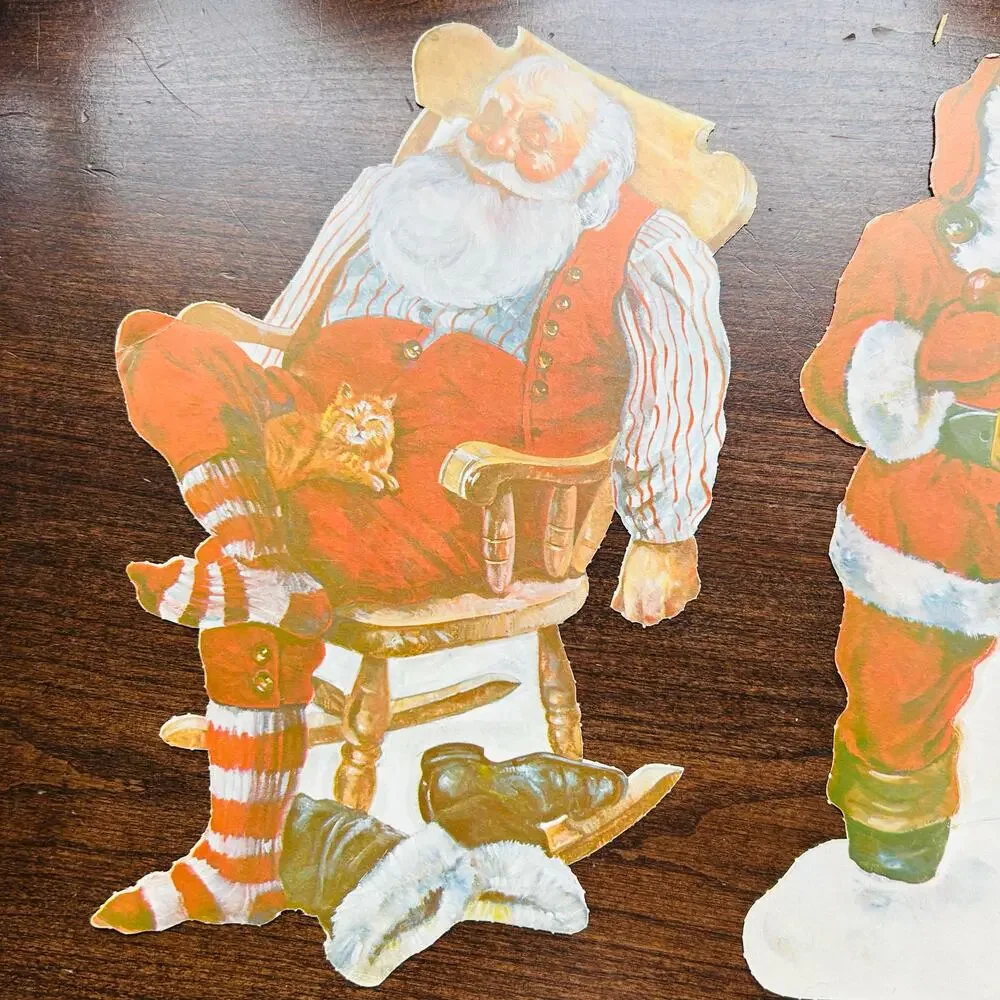 3 Santa Paper Cut Outs Christmas Wall Decor Vintage 11.5