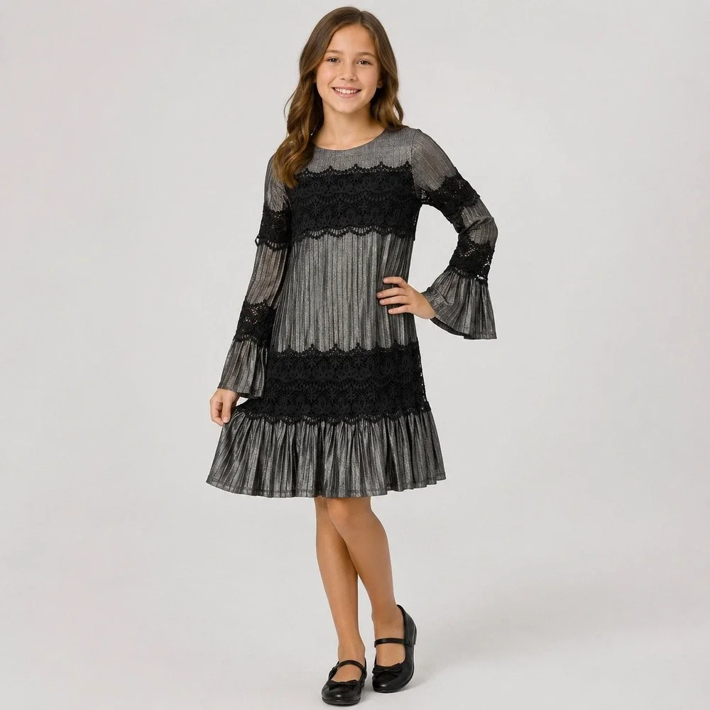 GB Girls Silver Metallic Lace Bell Sleeve‎ Party Dress Girls Medium