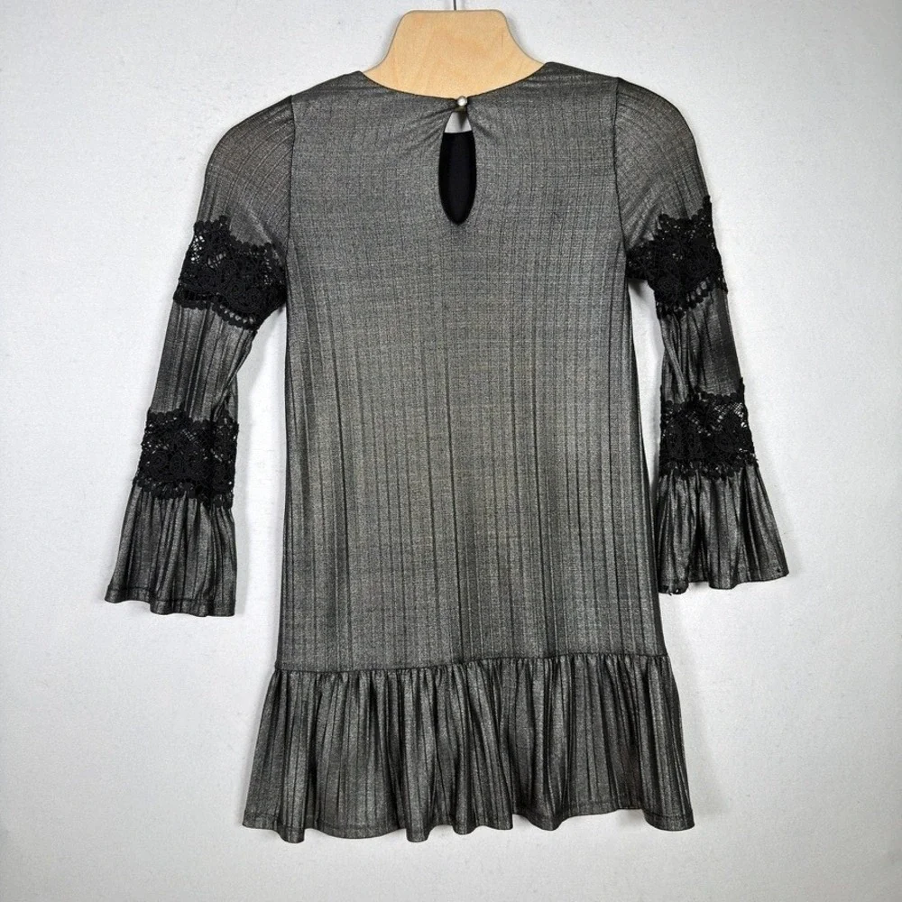GB Girls Silver Metallic Lace Bell Sleeve‎ Party Dress Girls Medium