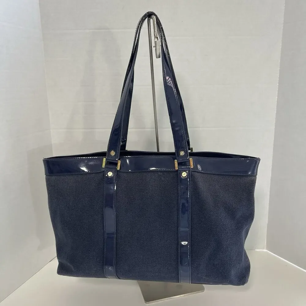 Tory Burch Canvas Jane Tote Shoulder Bag Beach Navy Blue Double Straps Travel