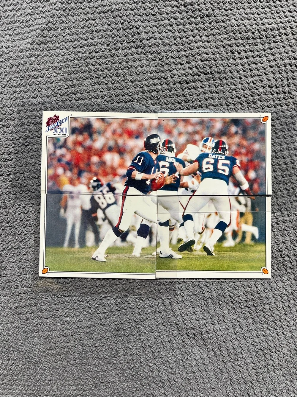 1987 4 Topps stickers (#2-3-4-5) celebrating Super Bowl XXI (Phil Simms, Oates,
