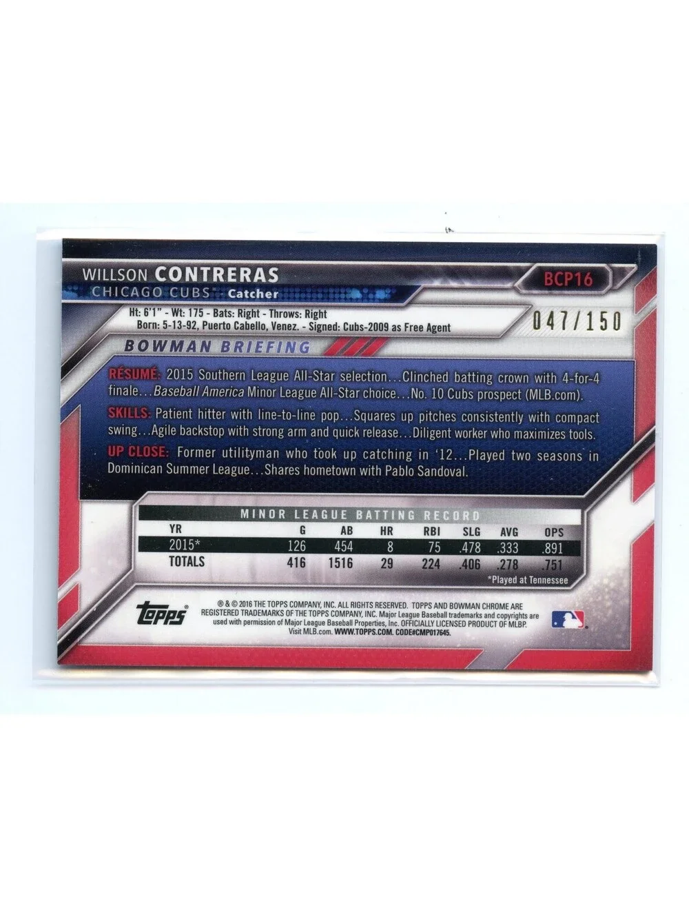 2016 Bowman Chrome Prospects Willson Contreras #BCP16 Blue Refractor 47/150 RC