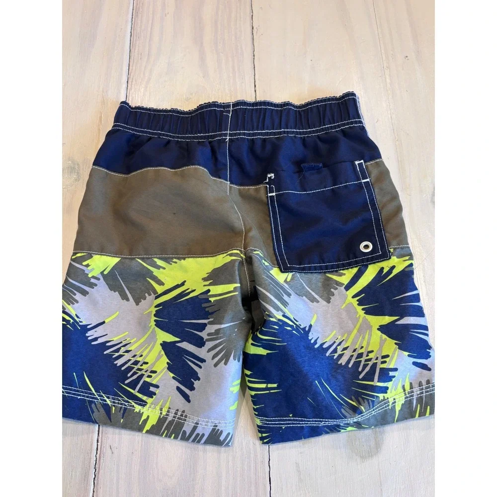 Gymboree Boys Swim Trunks Size XS 4 Navy Blue Green Neon Tropical Board Shorts